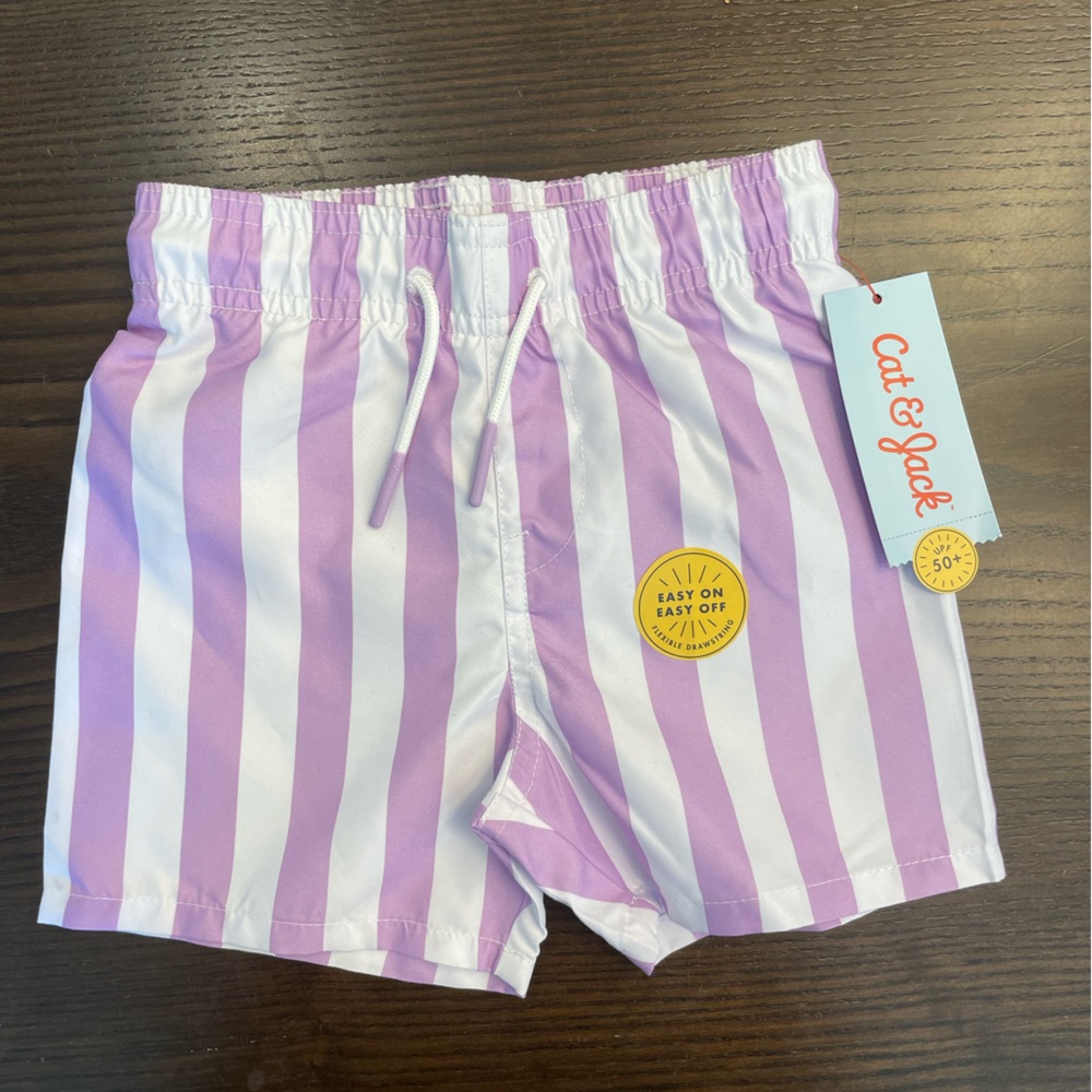 NWT Cat & Jack purple & white striped boys toddler swim trunks - 2T